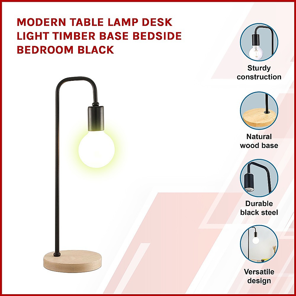 Modern Table lamp Desk Light Timber Base Bedside Bedroom Black - Essence Home